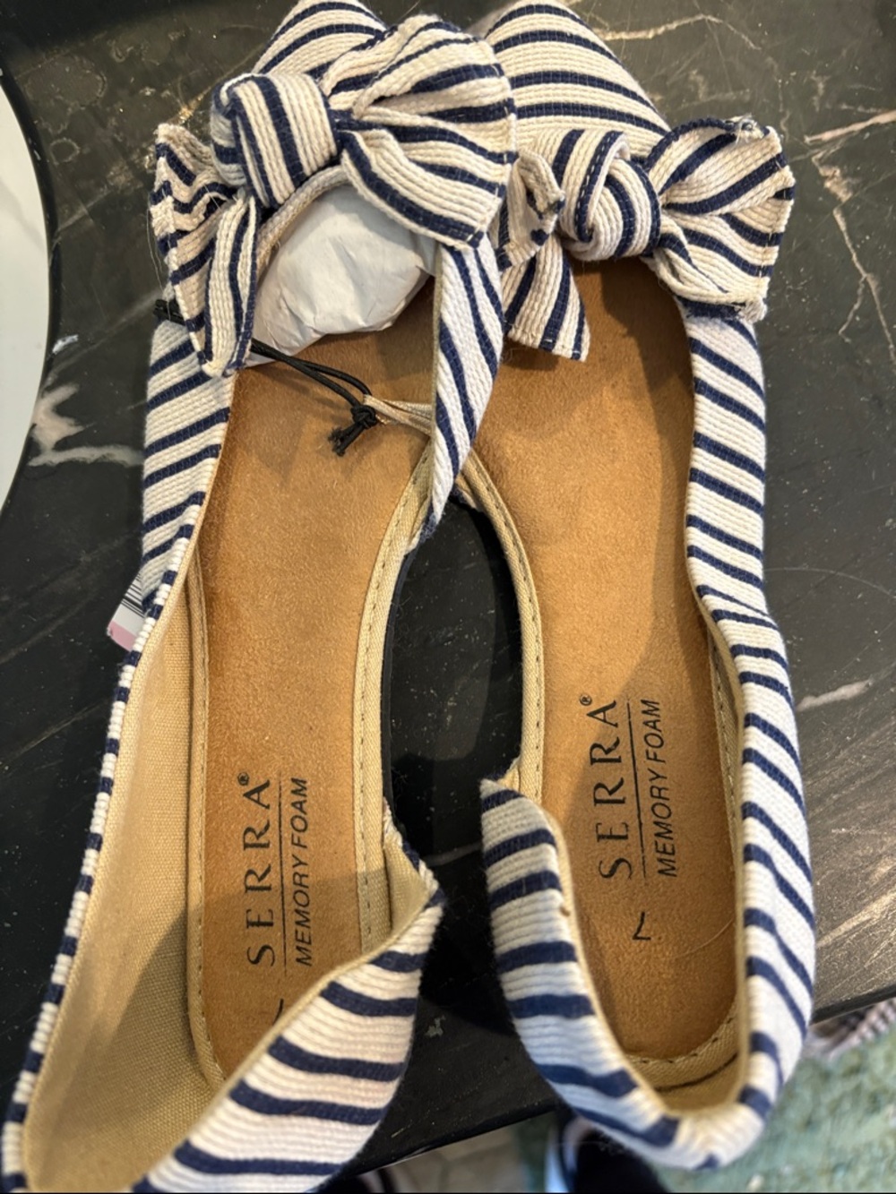 SERRA Navy & White Striped Bow Ballet Flats